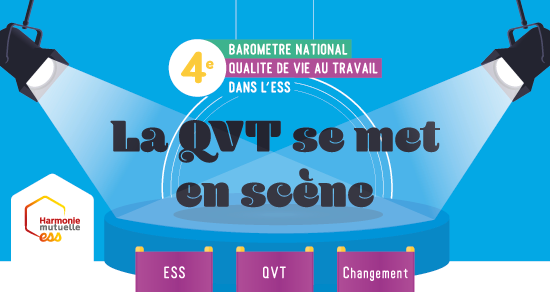 4e baromètre national qualité de vie au travail dans l'ESS . "la QVT se met en scène" logo Harmonie Mutuelle ESS