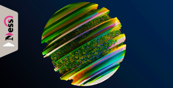 Image générée numériquement d'herbe et de fleurs poussant sur une forme sphérique abstraite multicouche sur fond bleu foncé. Et logo NESS