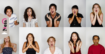 Image comprenant plusieurs photos de portrait de personnes surprises et heureuses et logo NESS